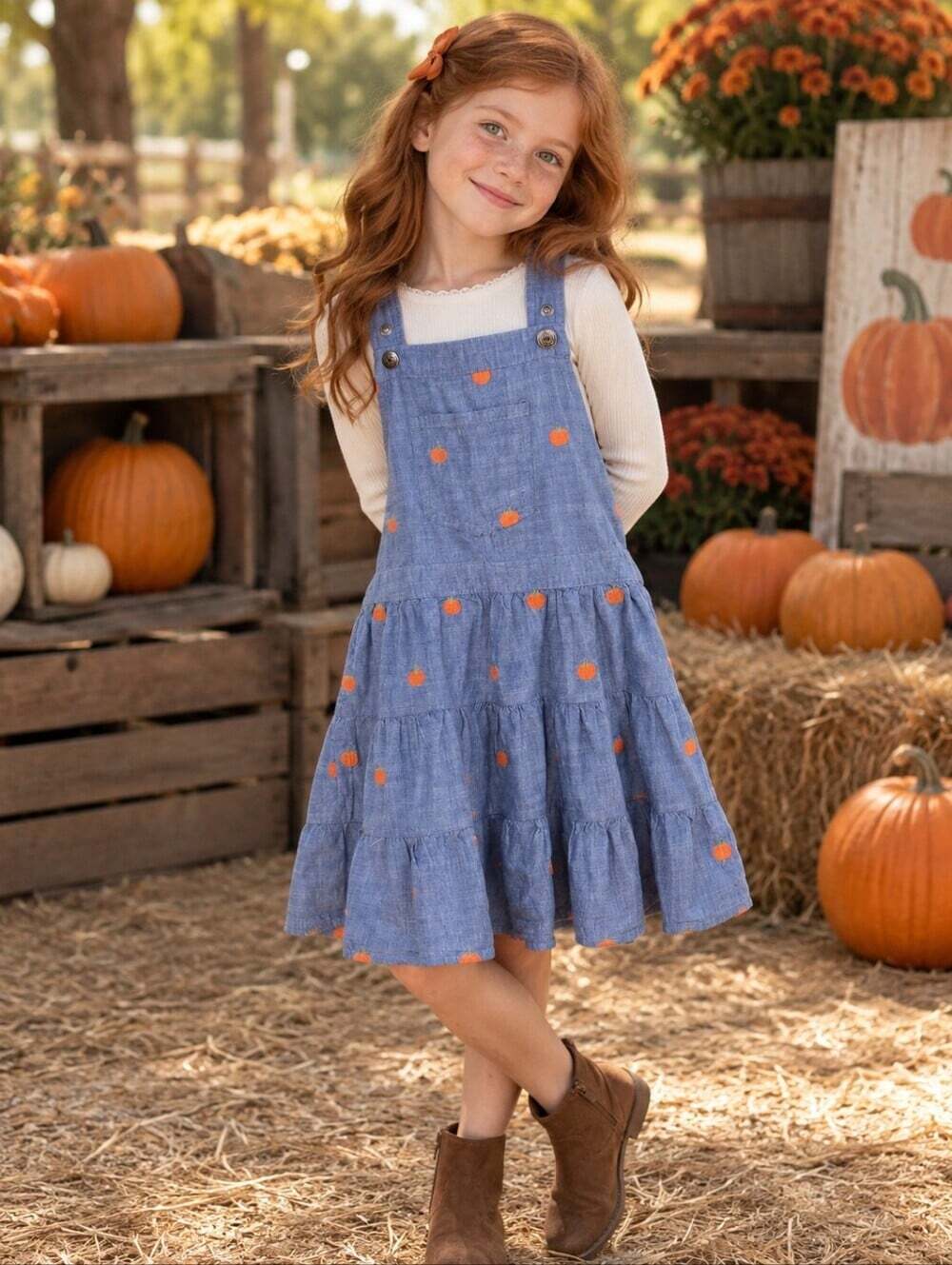 Gymboree Girls Size 7 Chambray Pumpkin Overall Dress Fall Tiered Pinafore